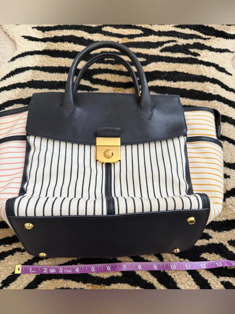 Veronica Beard Black and White Striped Satchel with Gold Lock